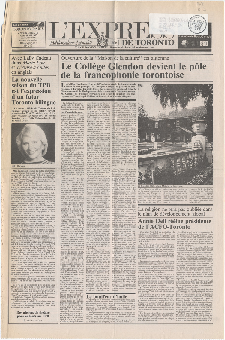 Reproduction d’un article de Fran&ccedil;ois Bergeron sur l’ouverture d’une maison de la culture au Coll&egrave;ge Glendon, paru &agrave; la premi&egrave;re page de L’Express de Toronto, 20 au 26 septembre 1983.