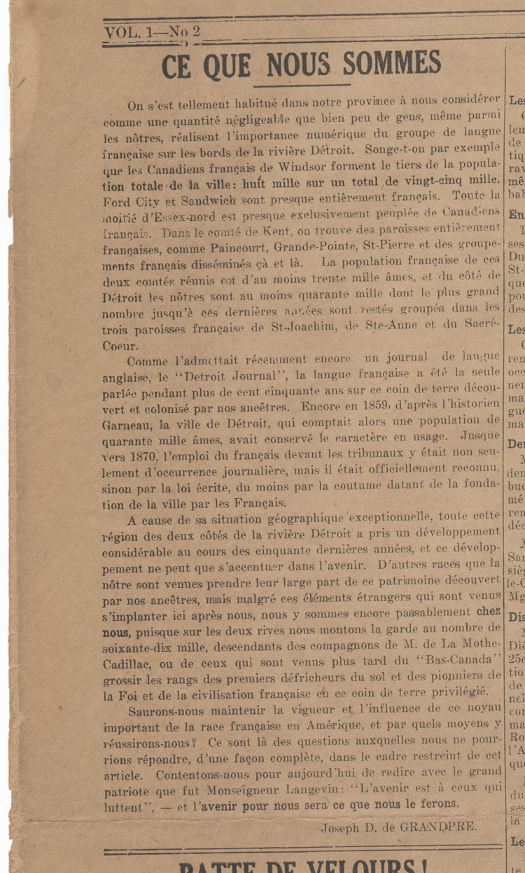Reproduction d’un article de Joseph D. de Granpr&eacute; (possiblement l’un des pseudonymes de Gustave Lacasse) intitul&eacute; Ce que nous sommes, et paru dans La D&eacute;fense, 14 mars 1918.