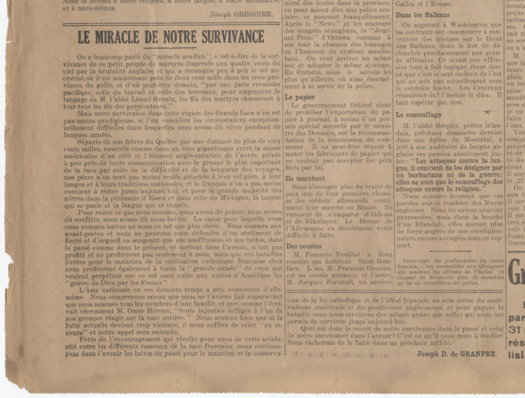 Reproduction d’un article de Joseph D. de Granpr&eacute; (possiblement l’un des pseudonymes de Gustave Lacasse) intitul&eacute; Le miracle de notre survivance, et paru dans La D&eacute;fense, 21 mars 1918.