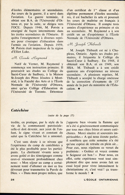 Reproduction de la vingt-sixi&egrave;me page du premier num&eacute;ro du vingti&egrave;me volume de L’&eacute;cole ontarienne comprenant un article intitul&eacute; Voeux &agrave; l’&eacute;cole normale de Sudbury qui pr&eacute;sente le corps professoral de l’&Eacute;cole, septembre 1963.
