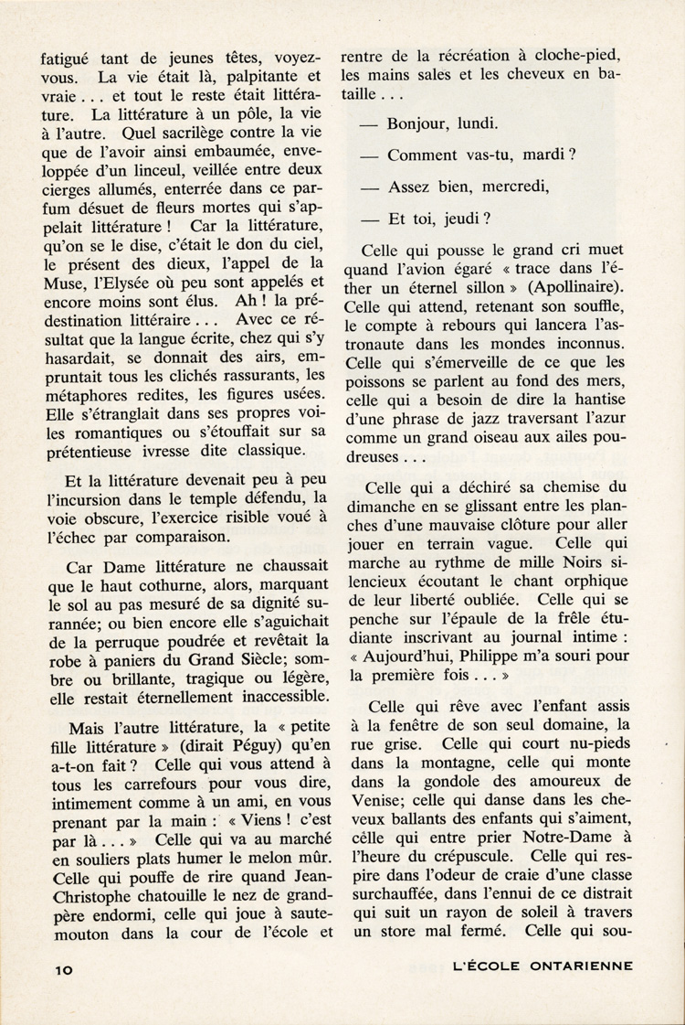 Reproduction de la dixi&egrave;me page du premier num&eacute;ro du vingt-troisi&egrave;me volume de L’&eacute;cole ontarienne, comprenant un article de Fran&ccedil;oise Cl&eacute;ment Howard intitul&eacute; La formation du professeur de fran&ccedil;ais, septembre-octobre 1966.