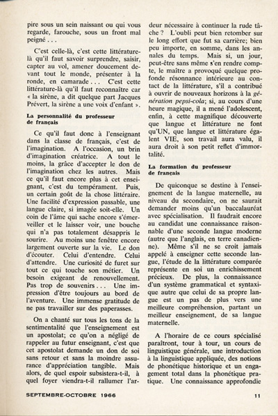Reproduction de la onzi&egrave;me page du premier num&eacute;ro du vingt-troisi&egrave;me volume de L’&eacute;cole ontarienne, comprenant un article de Fran&ccedil;oise Cl&eacute;ment Howard intitul&eacute; La formation du professeur de fran&ccedil;ais, septembre-octobre 1966.