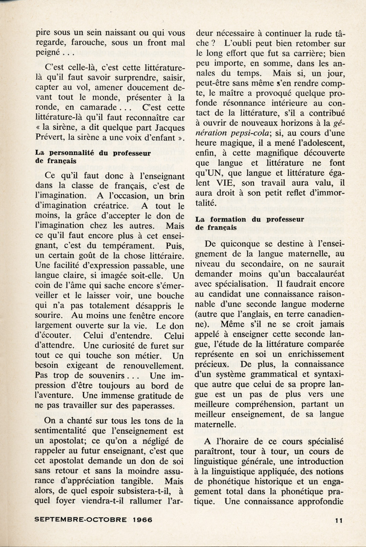 Reproduction de la onzi&egrave;me page du premier num&eacute;ro du vingt-troisi&egrave;me volume de L’&eacute;cole ontarienne, comprenant un article de Fran&ccedil;oise Cl&eacute;ment Howard intitul&eacute; La formation du professeur de fran&ccedil;ais, septembre-octobre 1966.