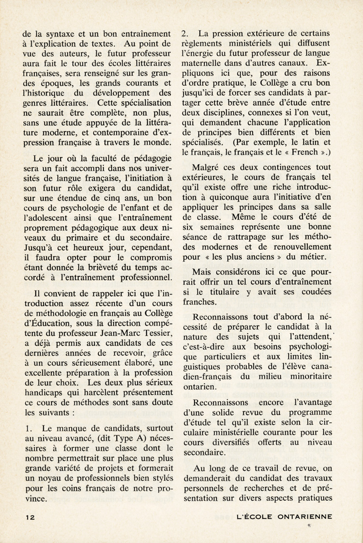 Reproduction de la douzi&egrave;me page du premier num&eacute;ro du vingt-troisi&egrave;me volume de L’&eacute;cole ontarienne, comprenant un article de Fran&ccedil;oise Cl&eacute;ment Howard intitul&eacute; La formation du professeur de fran&ccedil;ais, septembre-octobre 1966.