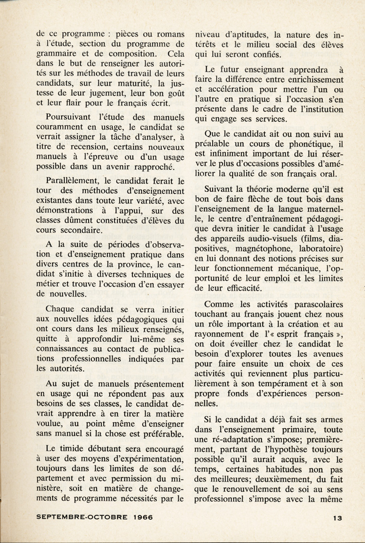 Reproduction de la treizi&egrave;me page du premier num&eacute;ro du vingt-troisi&egrave;me volume de L’&eacute;cole ontarienne, comprenant un article de Fran&ccedil;oise Cl&eacute;ment Howard intitul&eacute; La formation du professeur de fran&ccedil;ais, septembre-octobre 1966.