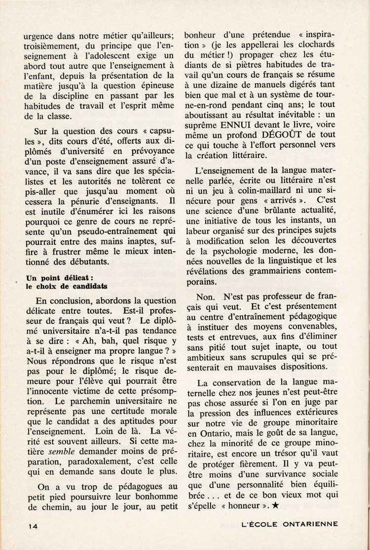 Reproduction de la quatorzi&egrave;me page du premier num&eacute;ro du vingt-troisi&egrave;me volume de L’&eacute;cole ontarienne, comprenant un article de Fran&ccedil;oise Cl&eacute;ment Howard intitul&eacute; La formation du professeur de fran&ccedil;ais, septembre-octobre 1966.