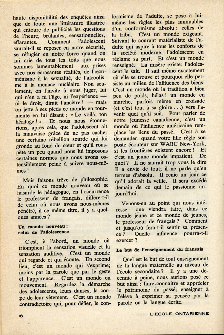 Reproduction de la huiti&egrave;me page du premier num&eacute;ro du vingt-troisi&egrave;me volume de L’&eacute;cole ontarienne, comprenant un article de Fran&ccedil;oise Cl&eacute;ment Howard intitul&eacute; La formation du professeur de fran&ccedil;ais, septembre-octobre 1966.