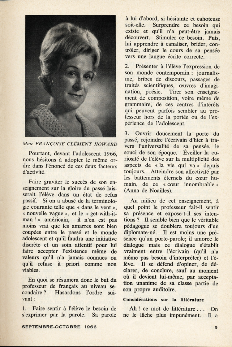Reproduction de la neuvi&egrave;me page du premier num&eacute;ro du vingt-troisi&egrave;me volume de L’&eacute;cole ontarienne, comprenant un article de Fran&ccedil;oise Cl&eacute;ment Howard intitul&eacute; La formation du professeur de fran&ccedil;ais, septembre-octobre 1966.
