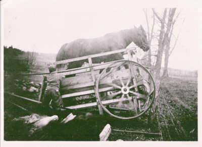 Reproduction d’une photographie d’un scie actionn&eacute;e par un cheval pour couper du bois de chauffage &agrave; Wendover (Ontario), 1938.