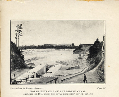 Reproduction d’une illustration de Thomas Burrowes reproduite entre la cinquante-quatri&egrave;me et la cinquante-cinqui&egrave;me page de Ottawa, Past and Present, par A. H. D. Ross, repr&eacute;sentant la rivi&egrave;re Outaouais et l’entr&eacute;e du canal Rideau en 1845, 1927.
