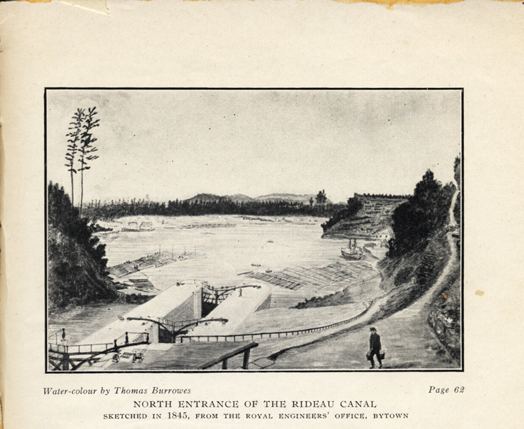 Reproduction d’une illustration de Thomas Burrowes reproduite entre la cinquante-quatri&egrave;me et la cinquante-cinqui&egrave;me page de Ottawa, Past and Present, par A. H. D. Ross, repr&eacute;sentant la rivi&egrave;re Outaouais et l’entr&eacute;e du canal Rideau en 1845, 1927.