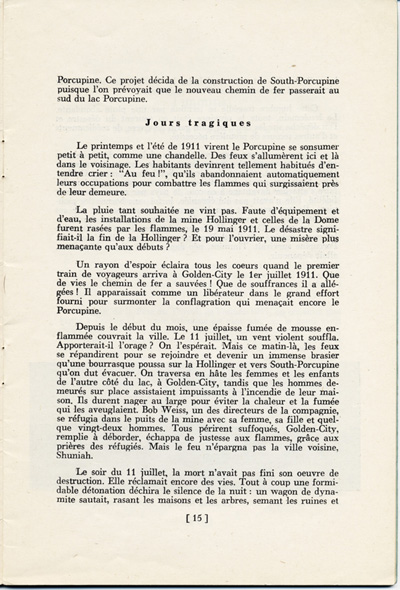 Reproduction de la quinzi&egrave;me page du vingt-deuxi&egrave;me document de la Soci&eacute;t&eacute; historique du Nouvel-Ontario intitul&eacute; Timmins, m&eacute;tropole de l’or, par Rodolphe Tremblay, comprenant une description de l’incendie de 1911 qui ravage la r&eacute;gion de Porcupine (Ontario), 1951.