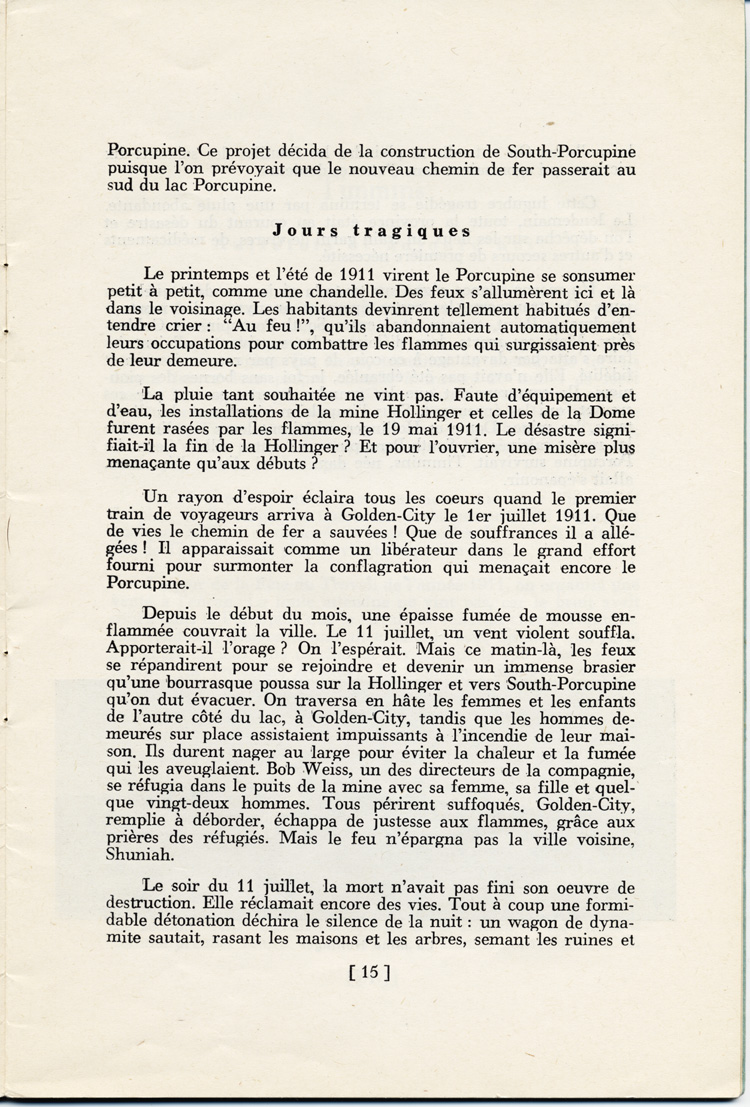 Reproduction de la quinzi&egrave;me page du vingt-deuxi&egrave;me document de la Soci&eacute;t&eacute; historique du Nouvel-Ontario intitul&eacute; Timmins, m&eacute;tropole de l’or, par Rodolphe Tremblay, comprenant une description de l’incendie de 1911 qui ravage la r&eacute;gion de Porcupine (Ontario), 1951.