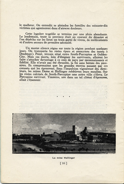 Reproduction de la seizi&egrave;me page du vingt-deuxi&egrave;me document de la Soci&eacute;t&eacute; historique du Nouvel-Ontario intitul&eacute; Timmins, m&eacute;tropole de l’or, par Rodolphe Tremblay, comprenant une description de l’incendie de 1911 qui ravage la r&eacute;gion de Porcupine (Ontario), 1951.