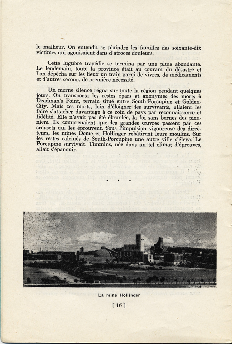 Reproduction de la seizi&egrave;me page du vingt-deuxi&egrave;me document de la Soci&eacute;t&eacute; historique du Nouvel-Ontario intitul&eacute; Timmins, m&eacute;tropole de l’or, par Rodolphe Tremblay, comprenant une description de l’incendie de 1911 qui ravage la r&eacute;gion de Porcupine (Ontario), 1951.