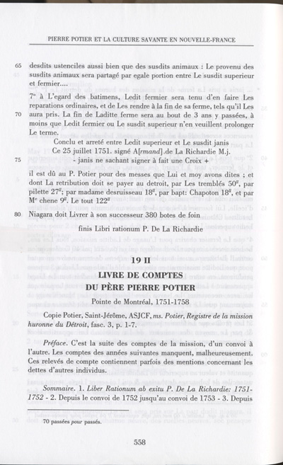 Reproduction de la cinq cent cinquante-huiti&egrave;me page de Les &eacute;crits de Pierre Potier de Robert Toupin, comprenant le livre de comptes du p&egrave;re Pierre Potier, Pointe de Montr&eacute;al (Windsor), 1751-1758, 1996.