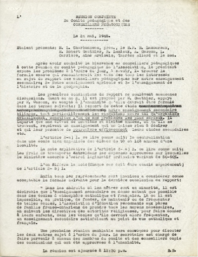 Reproduction du proc&egrave;s-verbal de la r&eacute;union conjointe du Comit&eacute; p&eacute;dagogique de l’Association canadienne-fran&ccedil;aise d’&eacute;ducation d’Ontario (ACFEO) et des conseillers p&eacute;dagogiques franco-ontariens du minist&egrave;re de l’&Eacute;ducation de l’Ontario, tenue le 24 mai 1945, 1945.