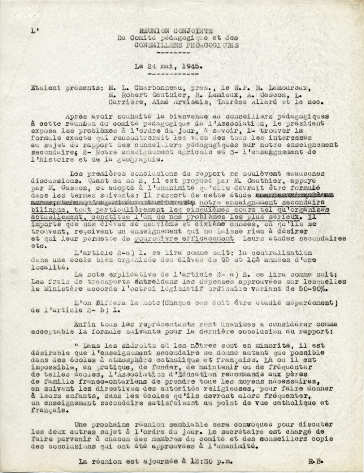 Reproduction du proc&egrave;s-verbal de la r&eacute;union conjointe du Comit&eacute; p&eacute;dagogique de l’Association canadienne-fran&ccedil;aise d’&eacute;ducation d’Ontario (ACFEO) et des conseillers p&eacute;dagogiques franco-ontariens du minist&egrave;re de l’&Eacute;ducation de l’Ontario, tenue le 24 mai 1945, 1945.