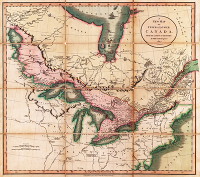 Reproduction d’une carte de John Cary intitul&eacute;e A New Map of Upper Canada & Lower Canada, from the latest authorities et publi&eacute;e par J. Cary Engraver & Map Seller, 28 avril 1811. 