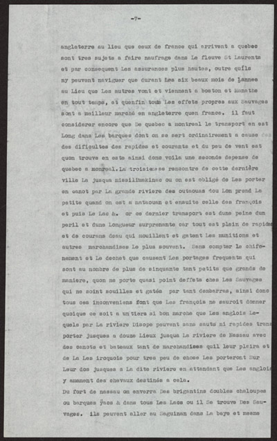 Reproduction de la septi&egrave;me page de la transcription dactylographi&eacute; d’un texte de Louis-Armand de Lom D’Arce, baron de Lahontan, intitul&eacute; Projet d’un fort anglais sur le lac &Eacute;ri&eacute;, 1696.