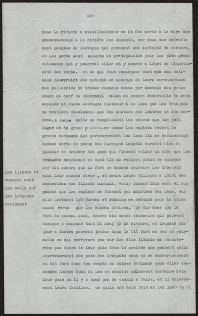 Reproduction de la huiti&egrave;me page de la transcription dactylographi&eacute; d’un texte de Louis-Armand de Lom D’Arce, baron de Lahontan, intitul&eacute; Projet d’un fort anglais sur le lac &Eacute;ri&eacute;, 1696.
