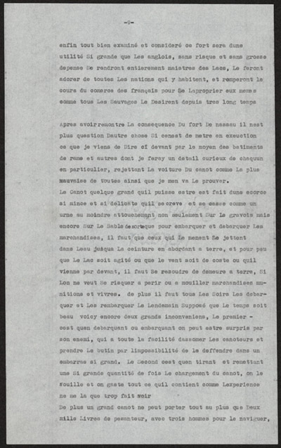 Reproduction de la neuvi&egrave;me page de la transcription dactylographi&eacute; d’un texte de Louis-Armand de Lom D’Arce, baron de Lahontan, intitul&eacute; Projet d’un fort anglais sur le lac &Eacute;ri&eacute;, 1696.