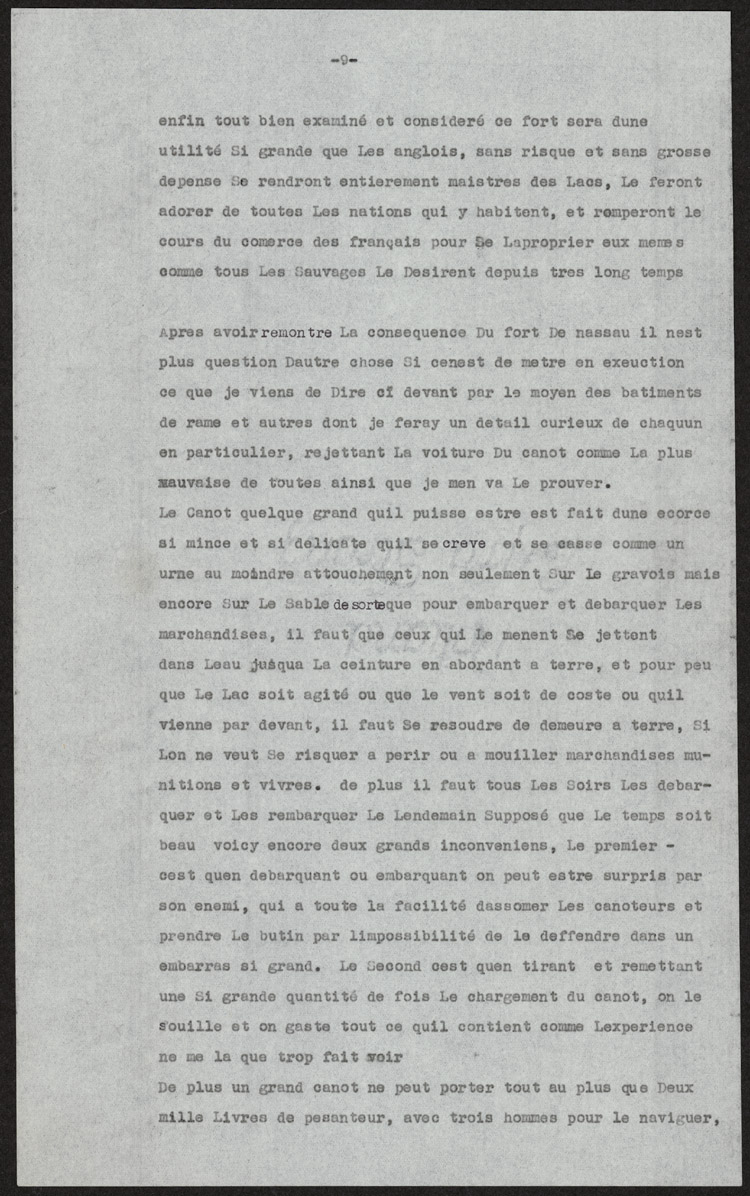 Reproduction de la neuvi&egrave;me page de la transcription dactylographi&eacute; d’un texte de Louis-Armand de Lom D’Arce, baron de Lahontan, intitul&eacute; Projet d’un fort anglais sur le lac &Eacute;ri&eacute;, 1696.