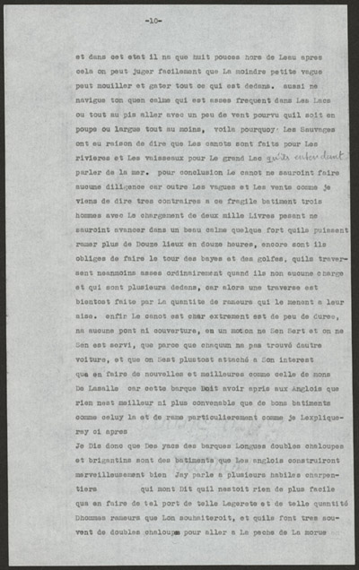 Reproduction de la dixi&egrave;me page de la transcription dactylographi&eacute; d’un texte de Louis-Armand de Lom D’Arce, baron de Lahontan, intitul&eacute; Projet d’un fort anglais sur le lac &Eacute;ri&eacute;, 1696.