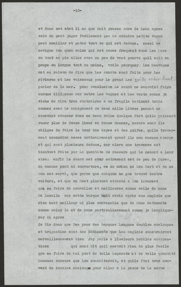 Reproduction de la dixi&egrave;me page de la transcription dactylographi&eacute; d’un texte de Louis-Armand de Lom D’Arce, baron de Lahontan, intitul&eacute; Projet d’un fort anglais sur le lac &Eacute;ri&eacute;, 1696.