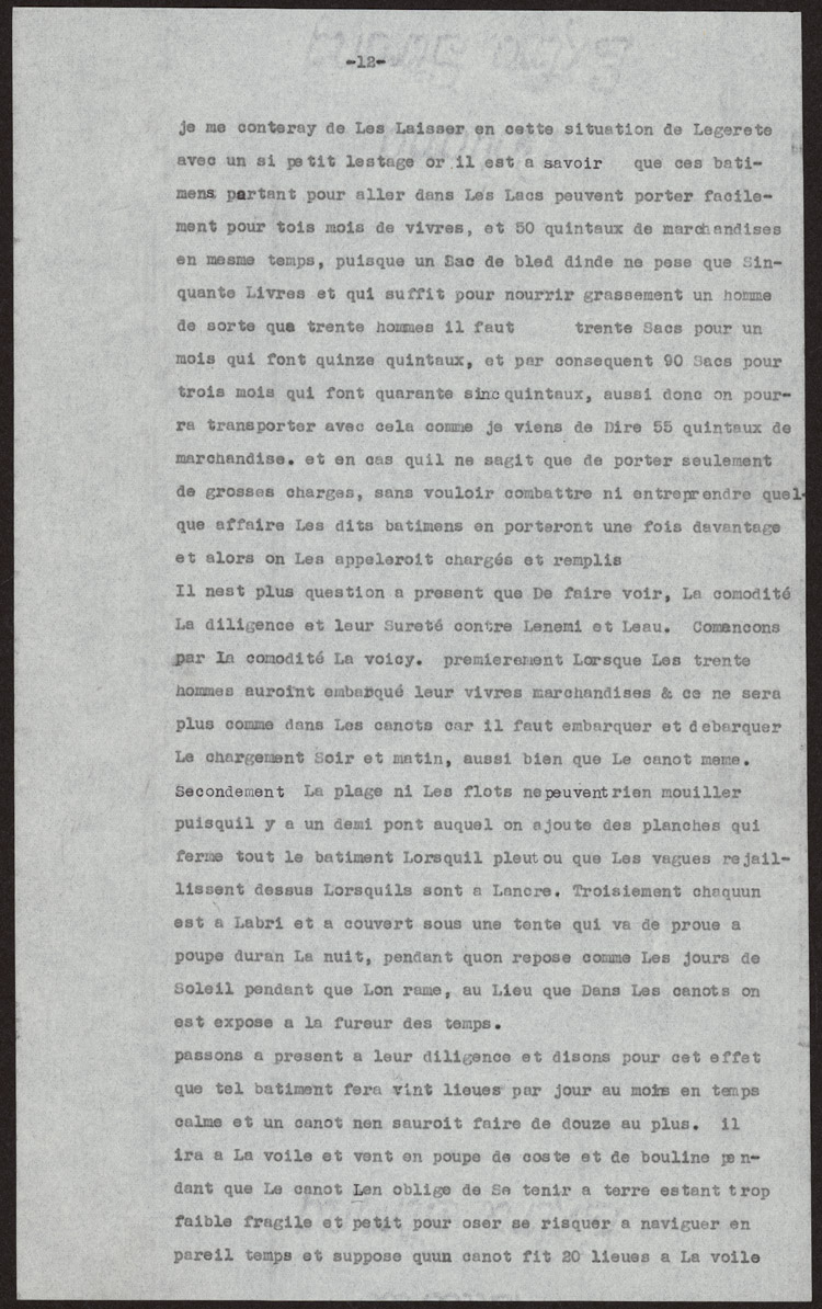 Reproduction de la douxi&egrave;me page d’un texte de Louis-Armand de Lom D’Arce, baron de Lahontan, intitul&eacute; Projet d’un fort anglais sur le lac &Eacute;ri&eacute;, 1696.