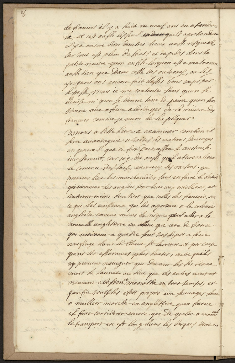 Reproduction de la huiti&egrave;me page d’un texte de Louis-Armand de Lom D’Arce, baron de Lahontan, intitul&eacute; Projet d’un fort anglais sur le lac &Eacute;ri&eacute;, 1696.