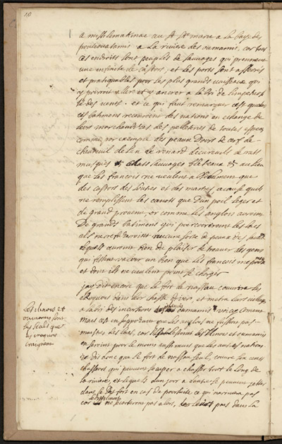 Reproduction de la dixi&egrave;me page d’un texte de Louis-Armand de Lom D’Arce, baron de Lahontan, intitul&eacute; Projet d’un fort anglais sur le lac &Eacute;ri&eacute;, 1696.