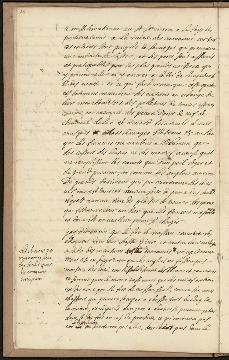 Reproduction de la dixi&egrave;me page d’un texte de Louis-Armand de Lom D’Arce, baron de Lahontan, intitul&eacute; Projet d’un fort anglais sur le lac &Eacute;ri&eacute;, 1696.