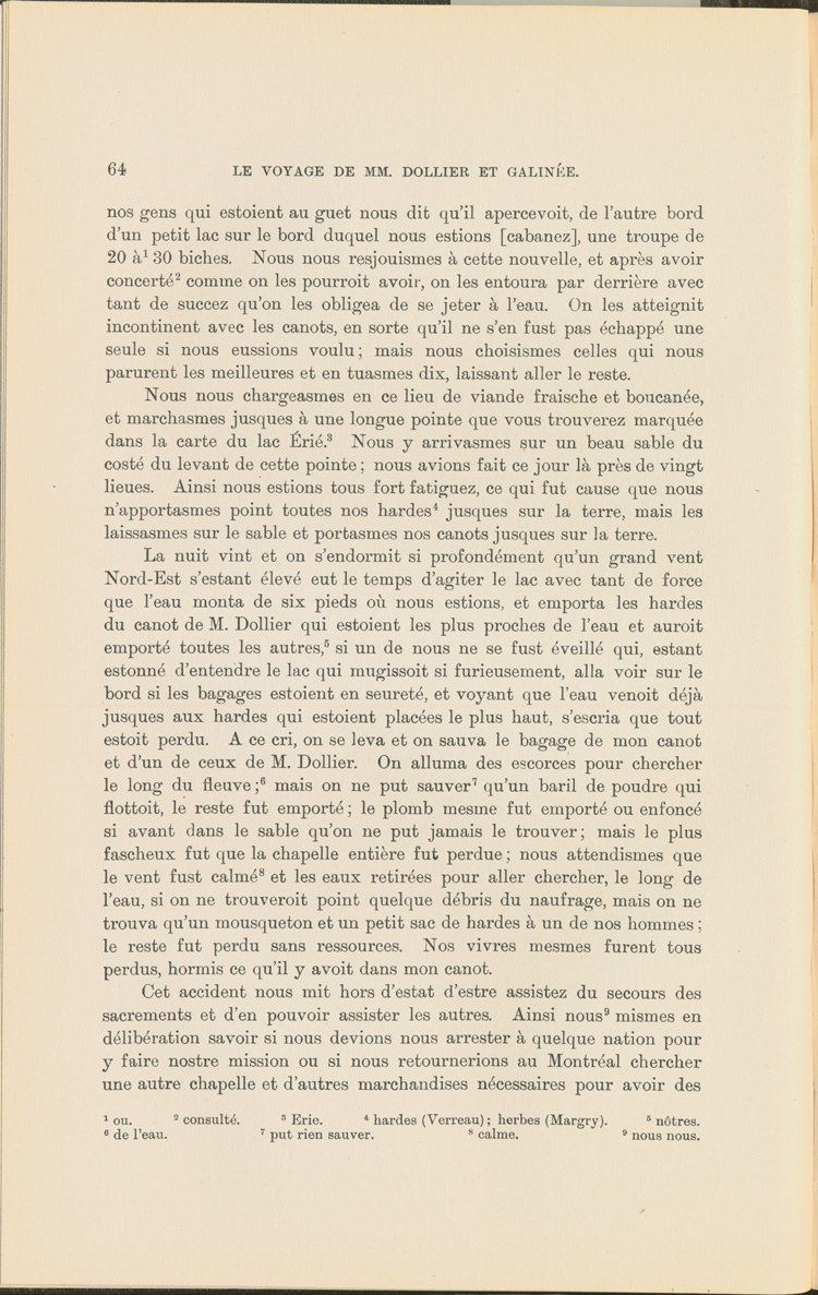 Reproduction de la soixante-quatri&egrave;me page du Voyage de M.M. Dollier de Casson et de Galin&eacute;e, 1669-1670, par Fran&ccedil;ois Dollier de Casson et Ren&eacute; de Br&eacute;hant de Galin&eacute;e, relatant leur voyage de retour &agrave; Montr&eacute;al en 1670, 1903.