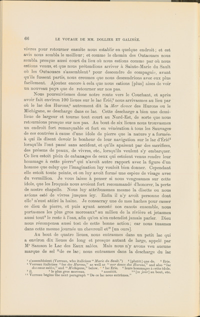 Reproduction de la soixante-sixi&egrave;me page du Voyage de M.M. Dollier de Casson et de Galin&eacute;e, 1669-1670, par Fran&ccedil;ois Dollier de Casson et Ren&eacute; de Br&eacute;hant de Galin&eacute;e, relatant leur voyage de retour &agrave; Montr&eacute;al en 1670, 1903.