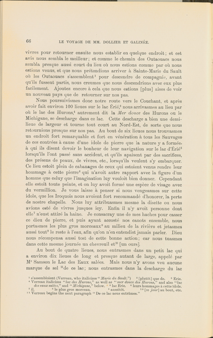 Reproduction de la soixante-sixi&egrave;me page du Voyage de M.M. Dollier de Casson et de Galin&eacute;e, 1669-1670, par Fran&ccedil;ois Dollier de Casson et Ren&eacute; de Br&eacute;hant de Galin&eacute;e, relatant leur voyage de retour &agrave; Montr&eacute;al en 1670, 1903.