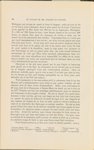 Reproduction de la soixante-huiti&egrave;me page du Voyage de M.M. Dollier de Casson et de Galin&eacute;e, 1669-1670, par Fran&ccedil;ois Dollier de Casson et Ren&eacute; de Br&eacute;hant de Galin&eacute;e, relatant leur voyage de retour &agrave; Montr&eacute;al en 1670, 1903.