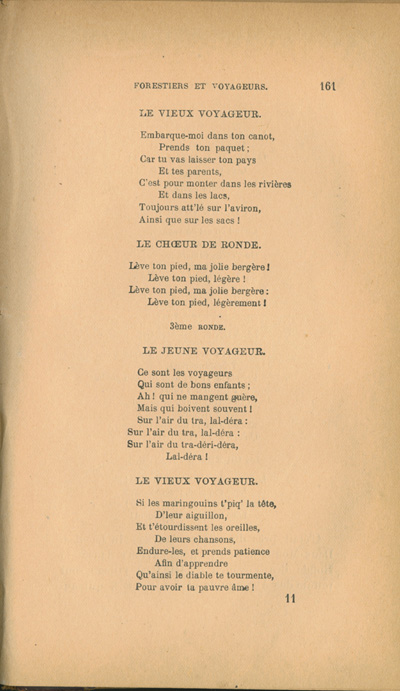 Reproduction de la cent soixante et uni&egrave;me page de Forestiers et voyageurs : moeurs et l&eacute;gendes canadiennes par Joseph-Charles Tach&eacute;, 1884.