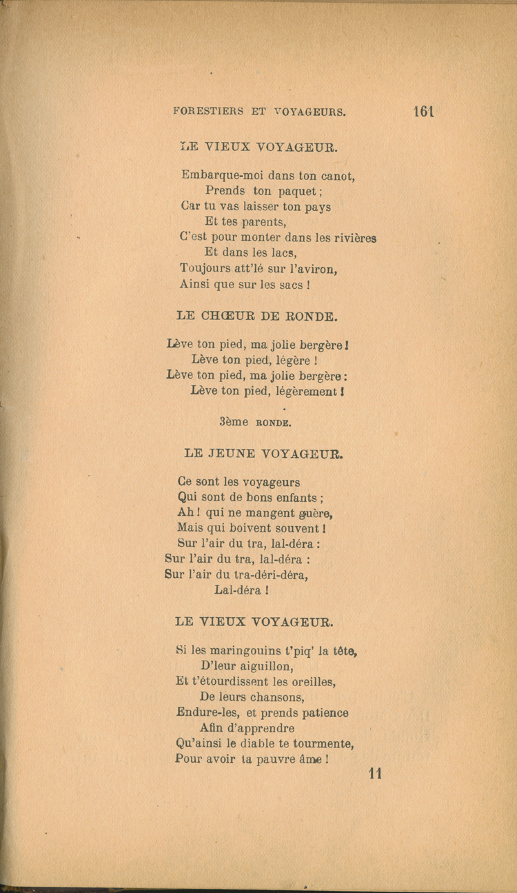 Reproduction de la cent soixante et uni&egrave;me page de Forestiers et voyageurs : moeurs et l&eacute;gendes canadiennes par Joseph-Charles Tach&eacute;, 1884.