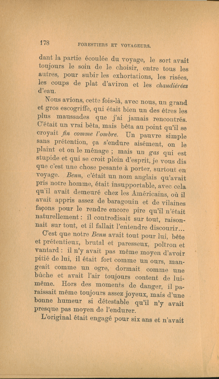 Reproduction de la cent soixante-dix-huiti&egrave;me page de Forestiers et voyageurs : moeurs et l&eacute;gendes canadiennes par Joseph-Charles Tach&eacute;, 1884.