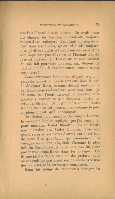 Reproduction de la cent soixante-dix-neuvi&egrave;me page de Forestiers et voyageurs : moeurs et l&eacute;gendes canadiennes par Joseph-Charles Tach&eacute;, 1884.