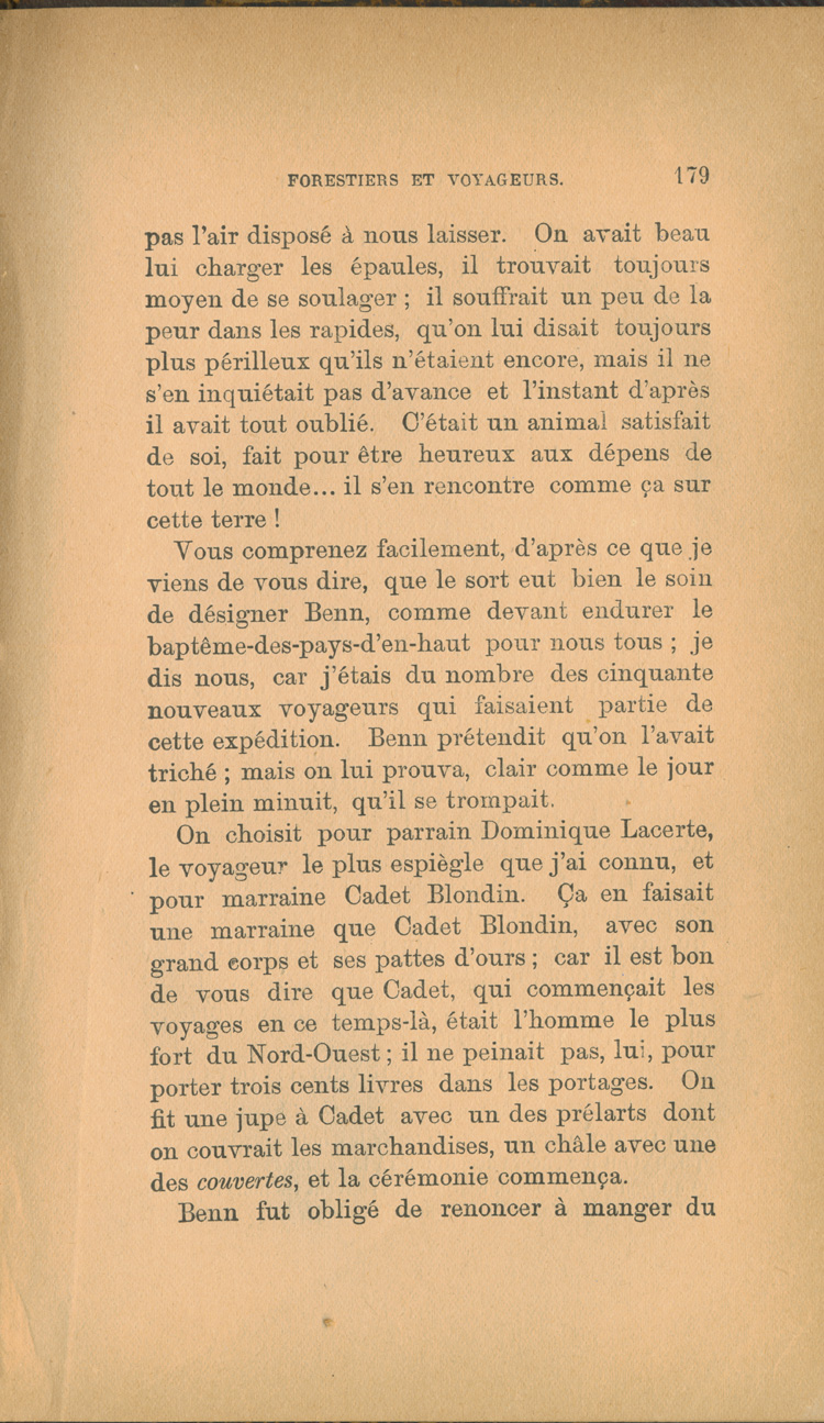 Reproduction de la cent soixante-dix-neuvi&egrave;me page de Forestiers et voyageurs : moeurs et l&eacute;gendes canadiennes par Joseph-Charles Tach&eacute;, 1884.