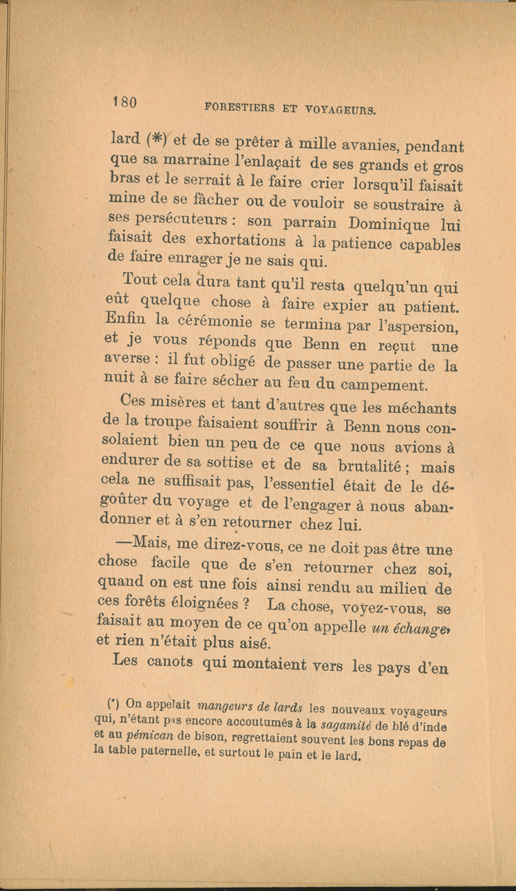Reproduction de la cent quatre-vingti&egrave;me page de Forestiers et voyageurs : moeurs et l&eacute;gendes canadiennes par Joseph-Charles Tach&eacute;, 1884.