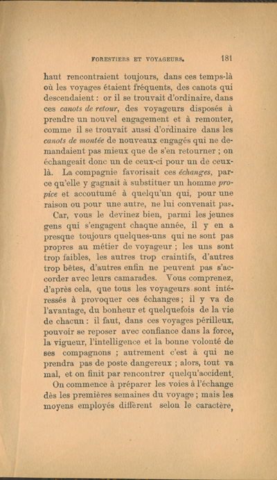 Reproduction de la cent quatre-vingt et uni&egrave;me page de Forestiers et voyageurs : moeurs et l&eacute;gendes canadiennes par Joseph-Charles Tach&eacute;, 1884.