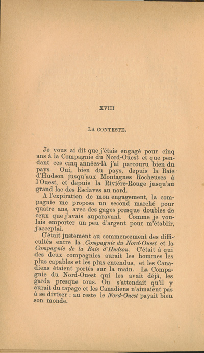 Reproduction de la cent quatre-vingt-dix-huiti&egrave;me page de Forestiers et voyageurs : moeurs et l&eacute;gendes canadiennes, de Joseph-Charles Tach&eacute;, relatant des t&eacute;moignages de voyageurs d&eacute;crivant la conteste, soit la rivalit&eacute; entre la Compagnie du Nord-Ouest et la Hudson’s Bay Company pour le monopole de la traite des fourrures en Ontario et dans l’Ouest canadien, 1884.