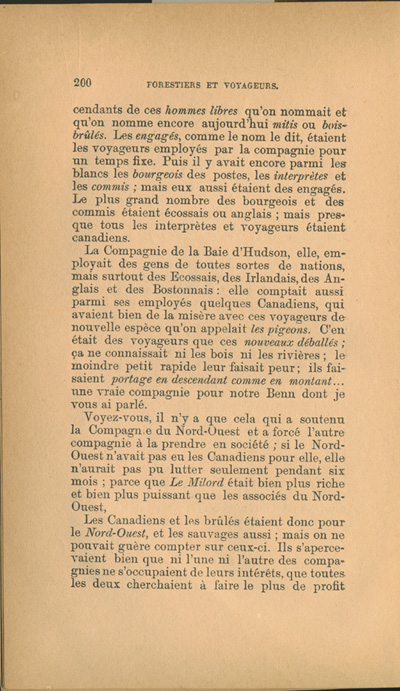 Reproduction de la deux-centi&egrave;me page de Forestiers et voyageurs : moeurs et l&eacute;gendes canadiennes, de Joseph-Charles Tach&eacute;, relatant des t&eacute;moignages de voyageurs d&eacute;crivant la conteste, soit la rivalit&eacute; entre la Compagnie du Nord-Ouest et la Hudson’s Bay Company pour le monopole de la traite des fourrures en Ontario et dans l’Ouest canadien, 1884.