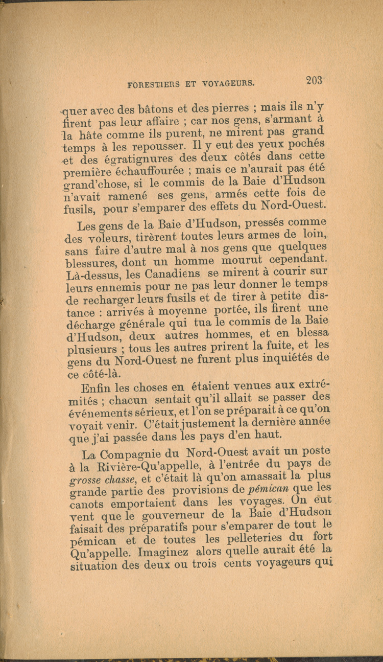 Reproduction de la deux cent troisi&egrave;me page de Forestiers et voyageurs : moeurs et l&eacute;gendes canadiennes, de Joseph-Charles Tach&eacute;, relatant des t&eacute;moignages de voyageurs d&eacute;crivant la conteste, soit la rivalit&eacute; entre la Compagnie du Nord-Ouest et la Hudson’s Bay Company pour le monopole de la traite des fourrures en Ontario et dans l’Ouest canadien, 1884.