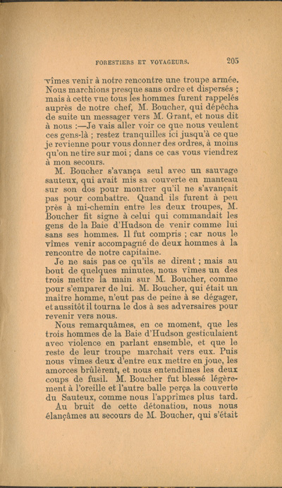 Reproduction de la deux cent cinqui&egrave;me page de Forestiers et voyageurs : moeurs et l&eacute;gendes canadiennes, de Joseph-Charles Tach&eacute;, relatant des t&eacute;moignages de voyageurs d&eacute;crivant la conteste, soit la rivalit&eacute; entre la Compagnie du Nord-Ouest et la Hudson’s Bay Company pour le monopole de la traite des fourrures en Ontario et dans l’Ouest canadien, 1884.