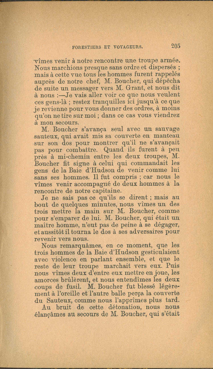 Reproduction de la deux cent cinqui&egrave;me page de Forestiers et voyageurs : moeurs et l&eacute;gendes canadiennes, de Joseph-Charles Tach&eacute;, relatant des t&eacute;moignages de voyageurs d&eacute;crivant la conteste, soit la rivalit&eacute; entre la Compagnie du Nord-Ouest et la Hudson’s Bay Company pour le monopole de la traite des fourrures en Ontario et dans l’Ouest canadien, 1884.