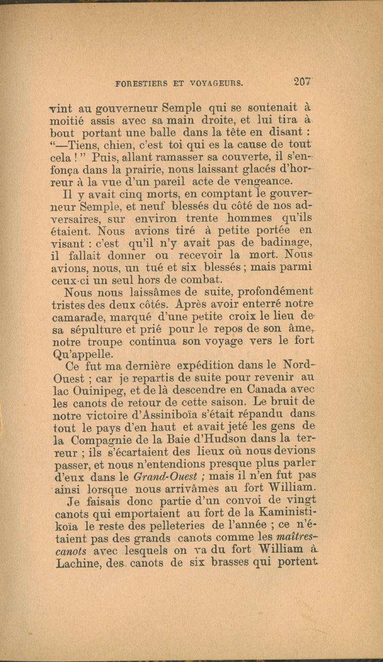 Reproduction de la deux cent septi&egrave;me page de Forestiers et voyageurs : moeurs et l&eacute;gendes canadiennes, de Joseph-Charles Tach&eacute;, relatant des t&eacute;moignages de voyageurs d&eacute;crivant la conteste, soit la rivalit&eacute; entre la Compagnie du Nord-Ouest et la Hudson’s Bay Company pour le monopole de la traite des fourrures en Ontario et dans l’Ouest canadien, 1884.